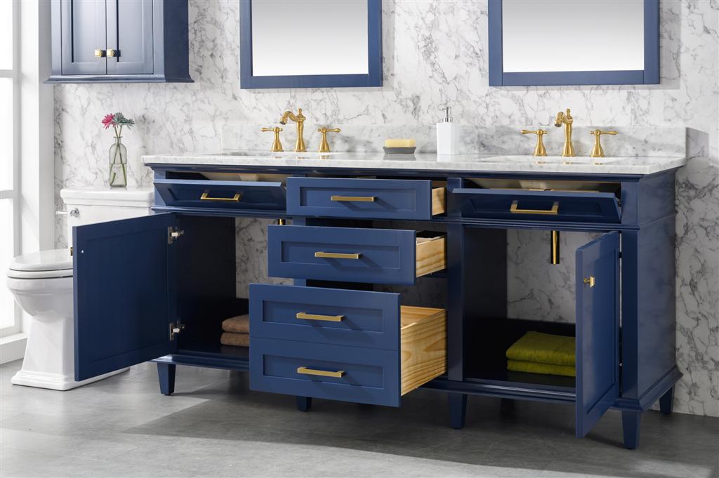 LEGION FURNITURE 72" BLUE DOUBLE SINK VANITY CABINET WITH CARRARA WHITE TOP