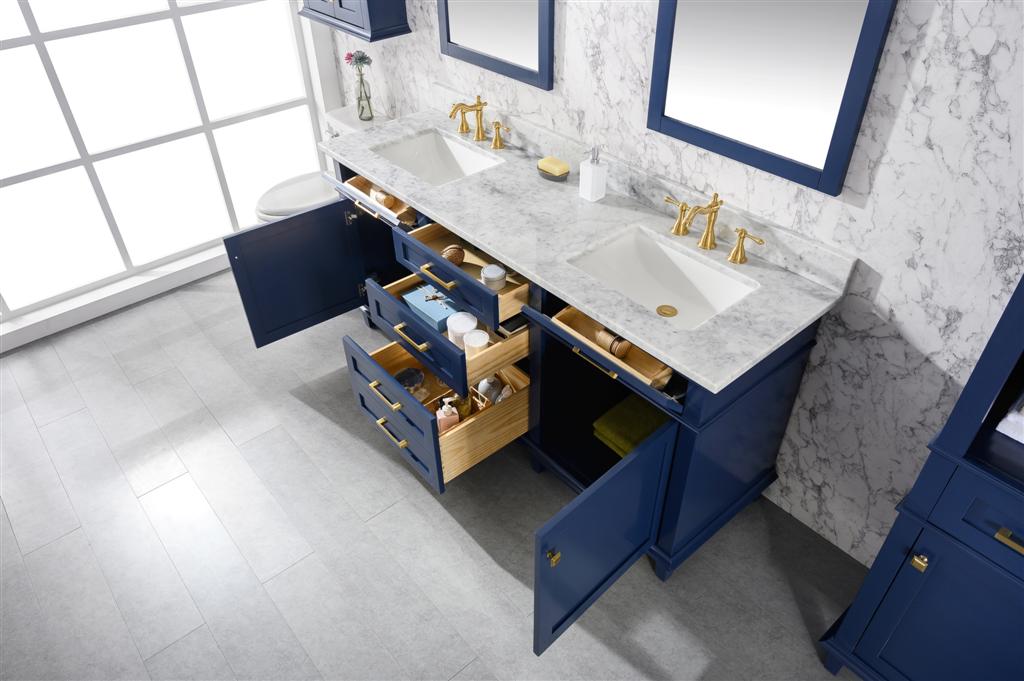 LEGION FURNITURE 72" BLUE DOUBLE SINK VANITY CABINET WITH CARRARA WHITE TOP