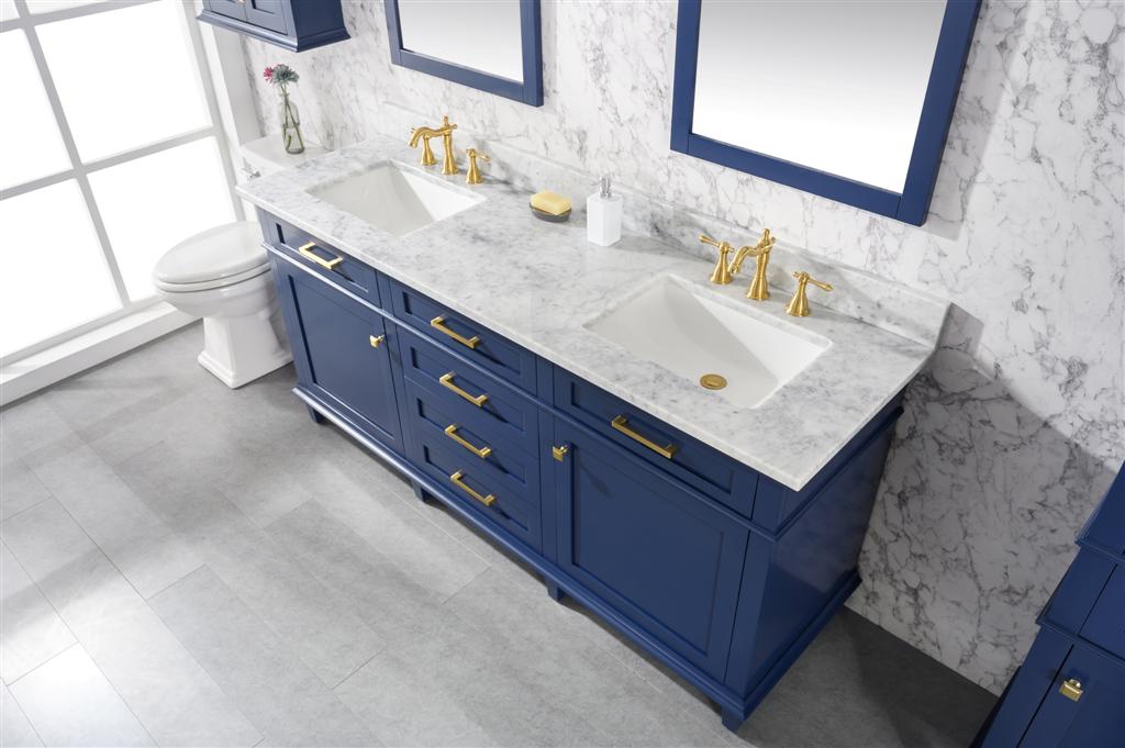 LEGION FURNITURE 72" BLUE DOUBLE SINK VANITY CABINET WITH CARRARA WHITE TOP