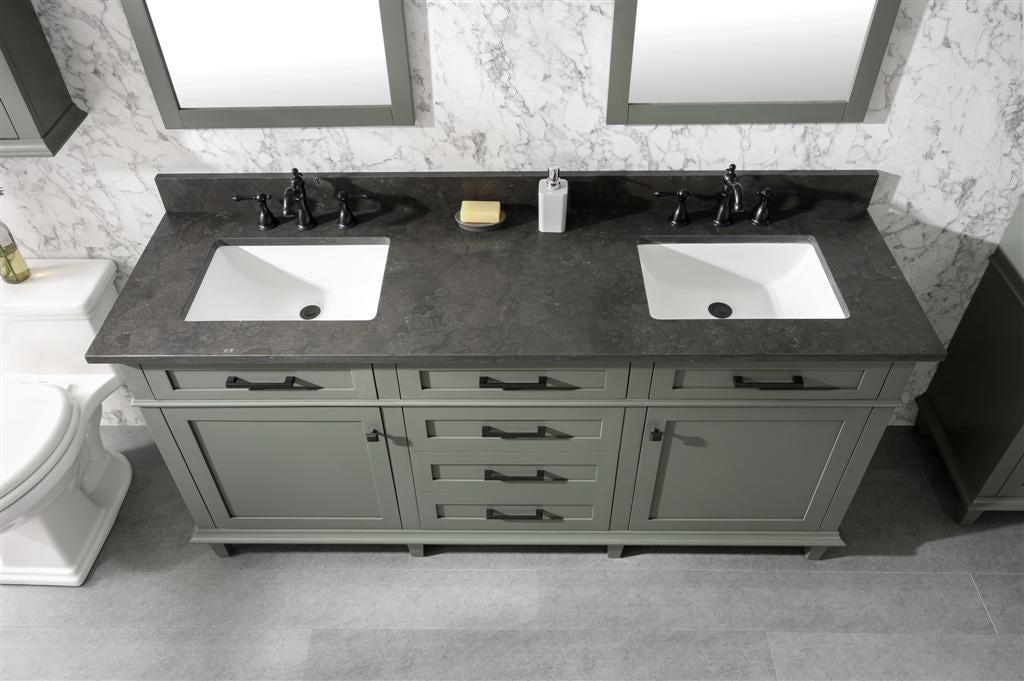 LEGION FURNITURE 72" PEWTER GREEN DOUBLE SINK VANITY CABINET WITH BLUE LIMESTONE TOP