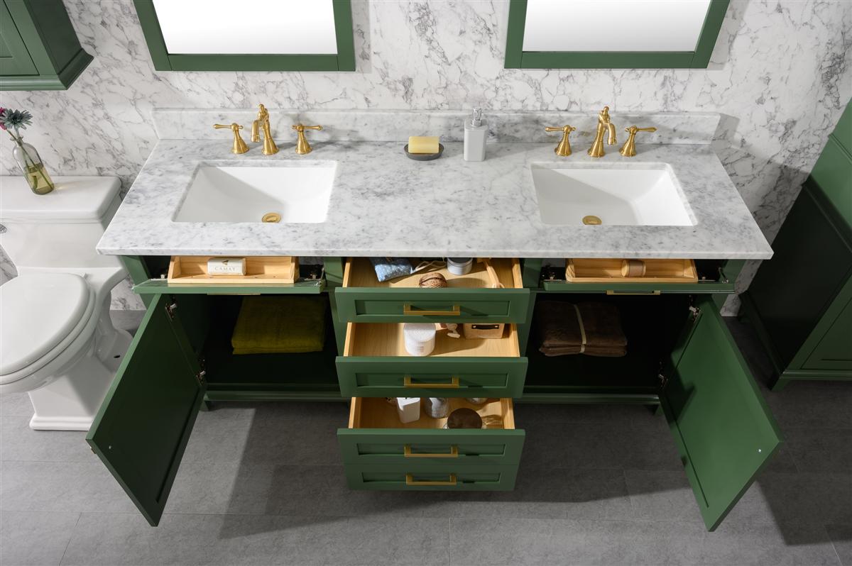 LEGION FURNITURE 72" VOGUE GREEN DOUBLE SINGLE SINK VANITY CABINET WITH CARRARA WHITE TOP