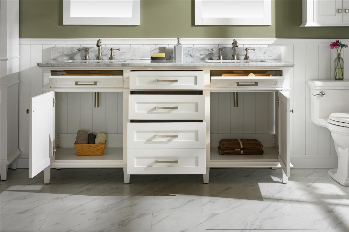 LEGION FURNITURE 72" WHITE DOUBLE SINGLE SINK VANITY CABINET WITH CARRARA WHITE TOP