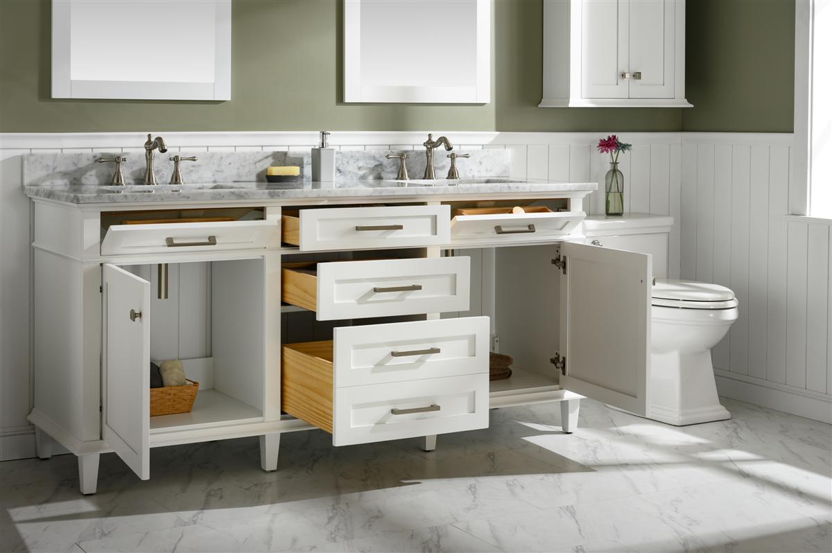 LEGION FURNITURE 72" WHITE DOUBLE SINGLE SINK VANITY CABINET WITH CARRARA WHITE TOP