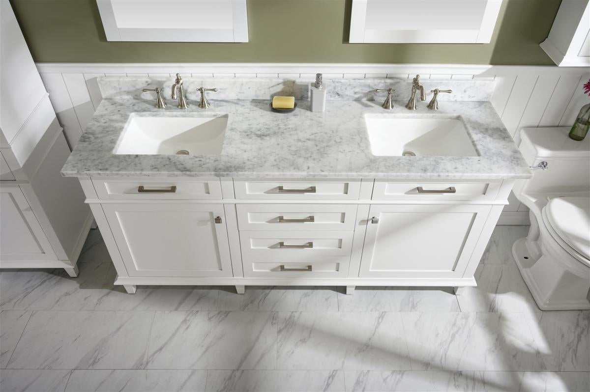 LEGION FURNITURE 72" WHITE DOUBLE SINGLE SINK VANITY CABINET WITH CARRARA WHITE TOP