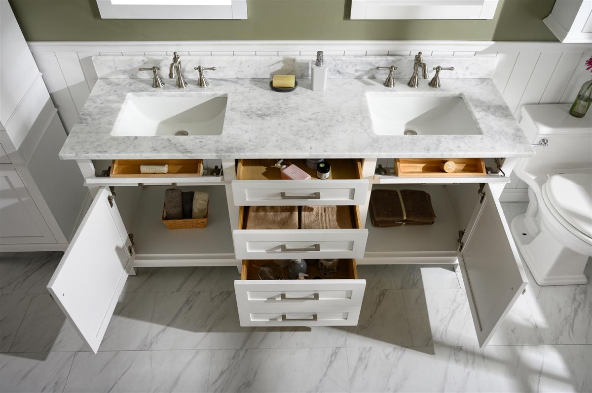 LEGION FURNITURE 72" WHITE DOUBLE SINGLE SINK VANITY CABINET WITH CARRARA WHITE TOP