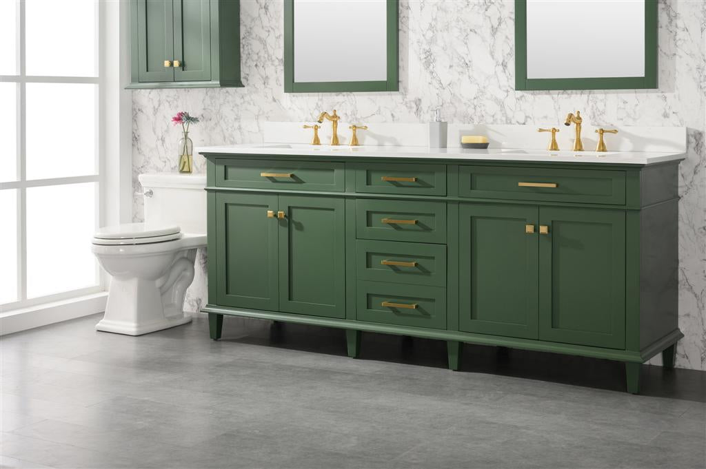 LEGION FURNITURE 80" VOGUE GREEN DOUBLE SINGLE SINK VANITY CABINET WITH CARRARA WHITE QUARTZ TOP