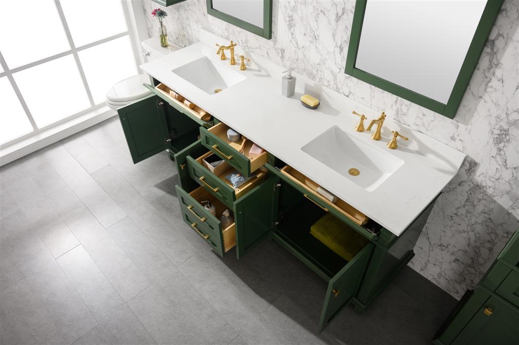 LEGION FURNITURE 80" VOGUE GREEN DOUBLE SINGLE SINK VANITY CABINET WITH CARRARA WHITE QUARTZ TOP