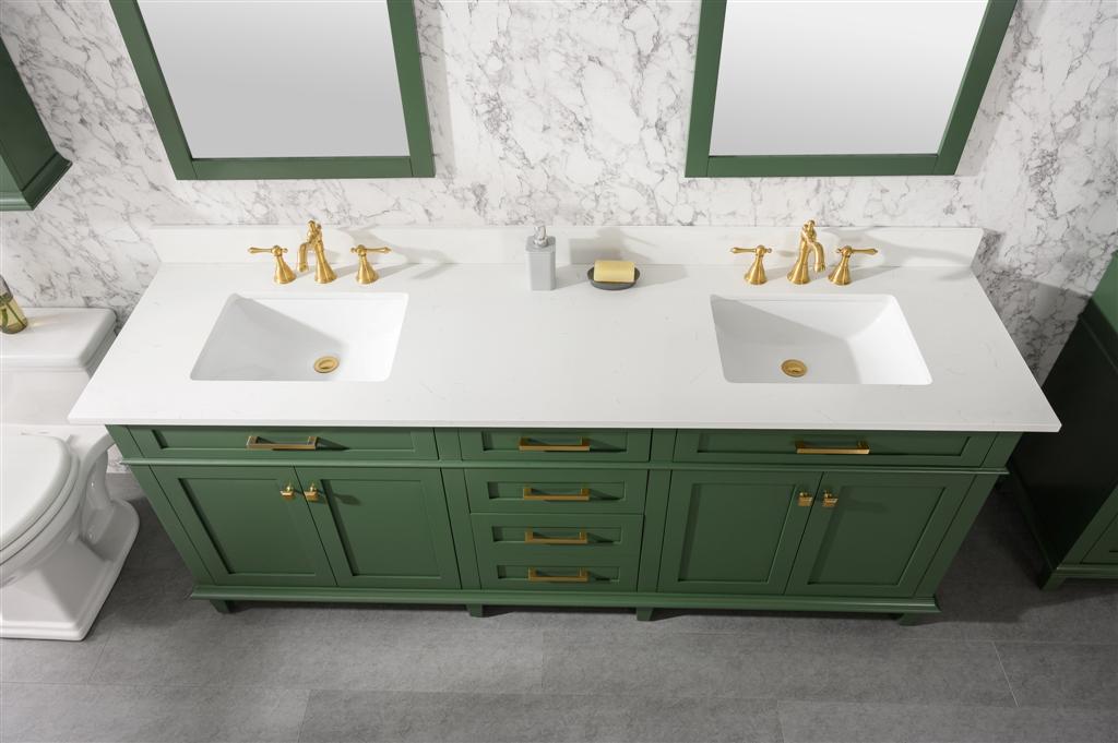 LEGION FURNITURE 80" VOGUE GREEN DOUBLE SINGLE SINK VANITY CABINET WITH CARRARA WHITE QUARTZ TOP