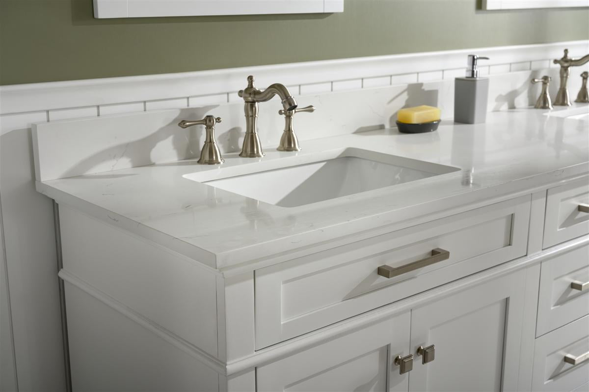 LEGION FURNITURE 80" WHITE DOUBLE SINGLE SINK VANITY CABINET WITH CARRARA WHITE QUARTZ TOP