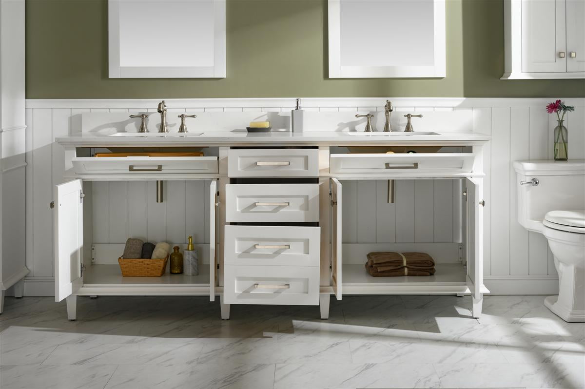 LEGION FURNITURE 80" WHITE DOUBLE SINGLE SINK VANITY CABINET WITH CARRARA WHITE QUARTZ TOP