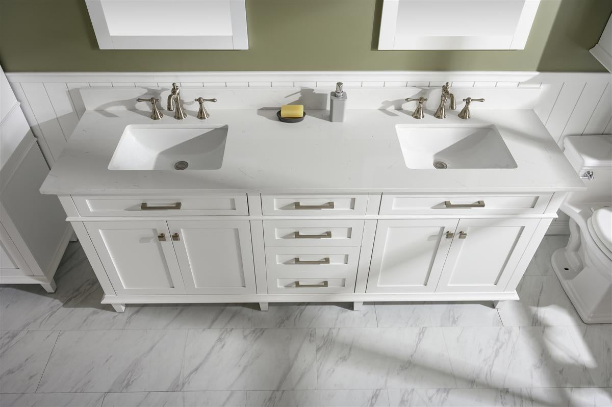 LEGION FURNITURE 80" WHITE DOUBLE SINGLE SINK VANITY CABINET WITH CARRARA WHITE QUARTZ TOP