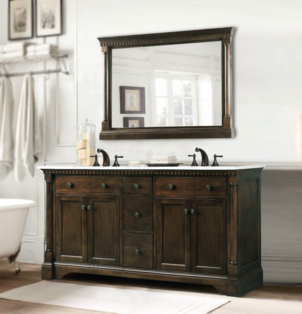 LEGION FURNITURE 60" ANTIQUE COFFEE SINK VANITY WITH CARRARA WHITE TOP AND MATCHING BACKSPLASH WITHOUT FAUCET