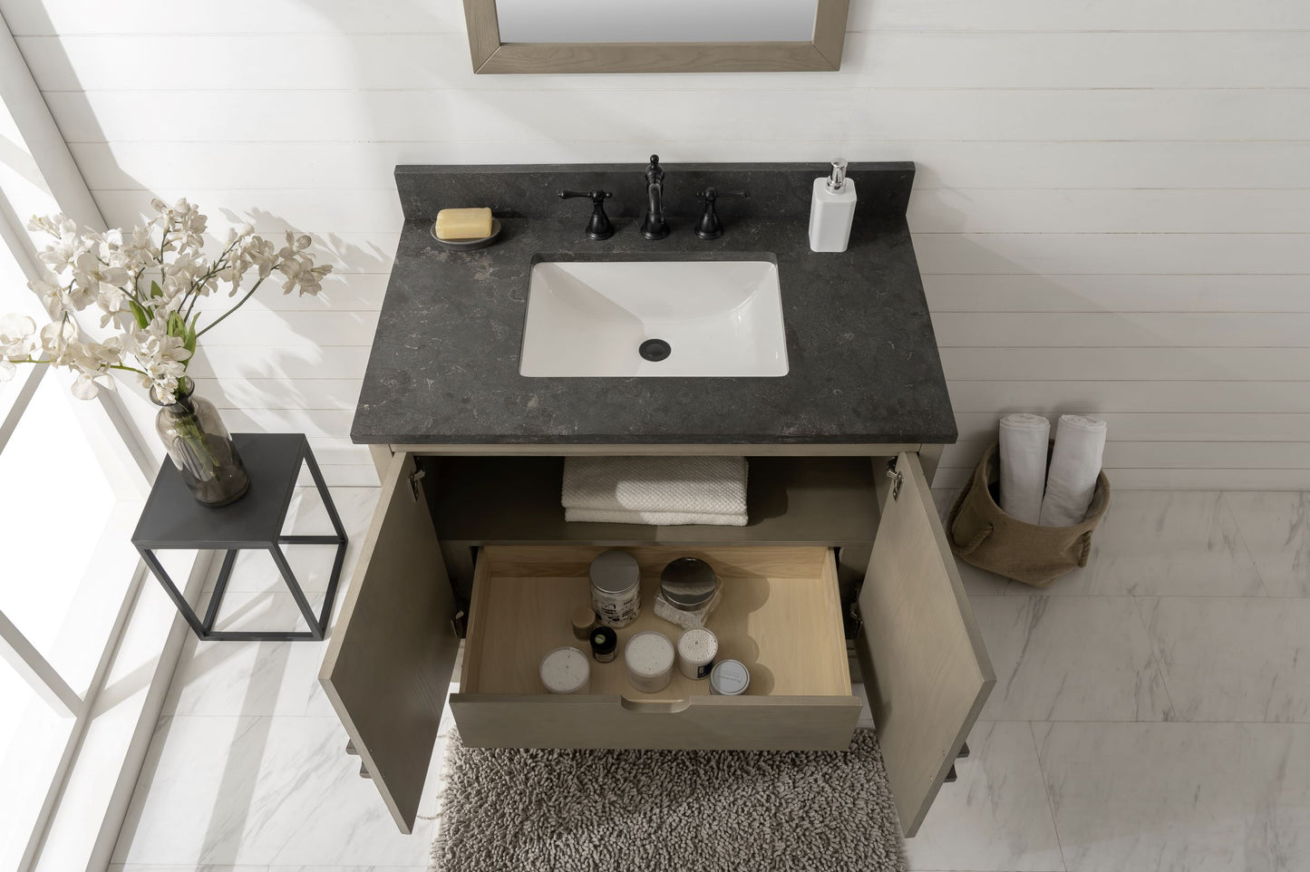 LEGION FURNITURE 36" ANTIQUE GRAY OAK VANITY WITH CARRARA WHITE TOP