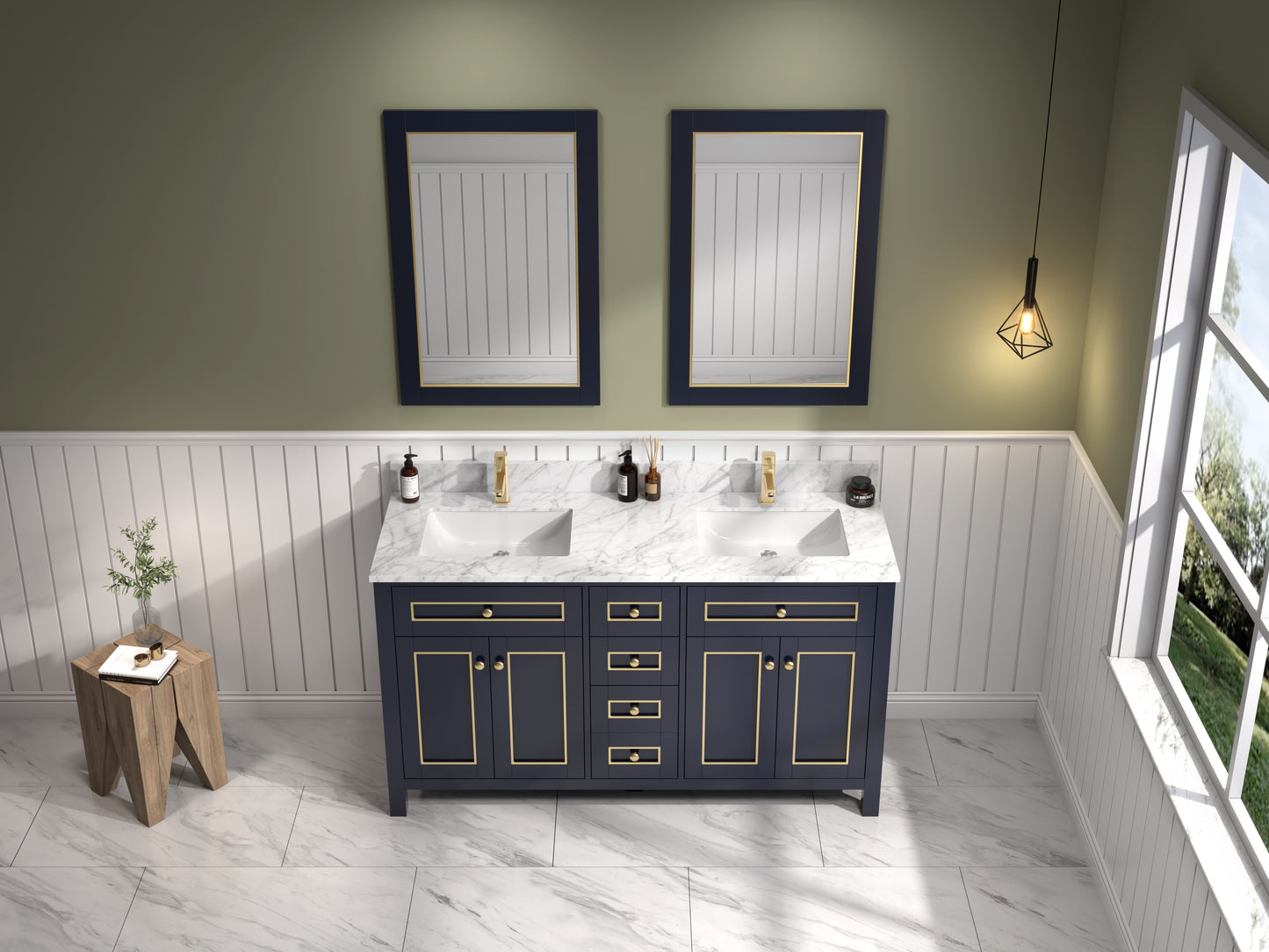 LEGION FURNITURE 60" BLUE FINISH SINK VANITY CABINET WITH CARRARA WHITE TOP