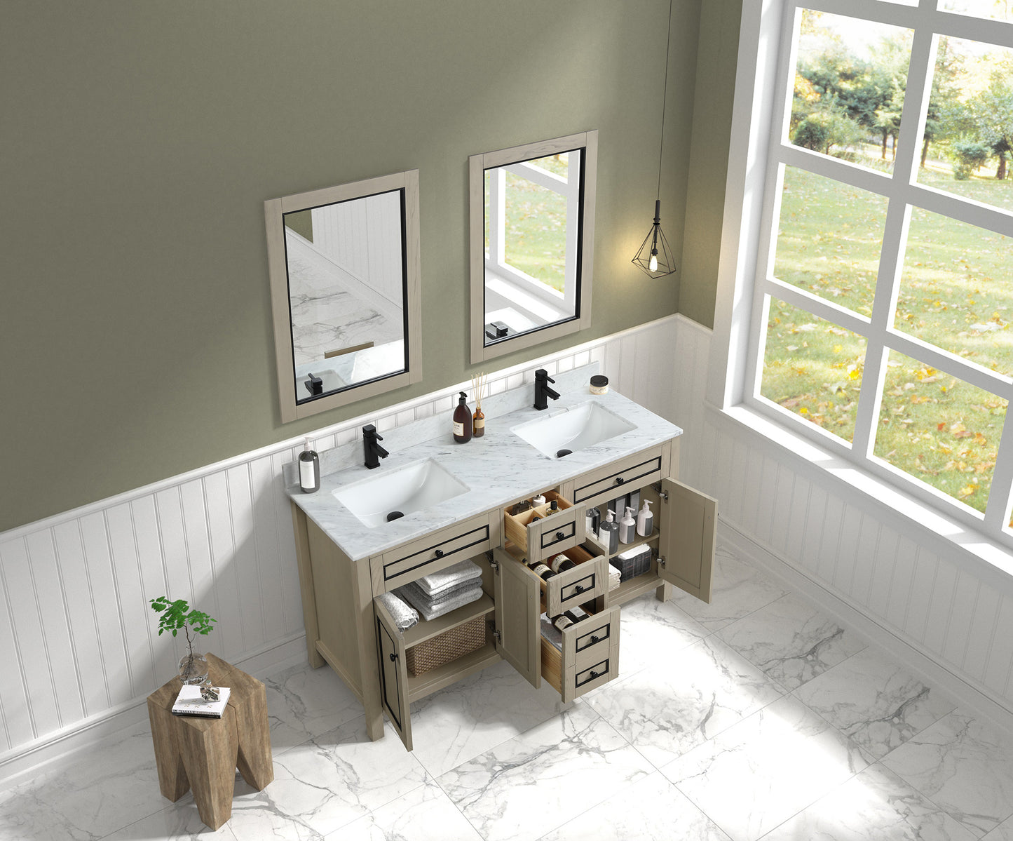 LEGION FURNITURE 60" LIGHT OAK FINISH SINK VANITY CABINET WITH CARRARA WHITE TOP