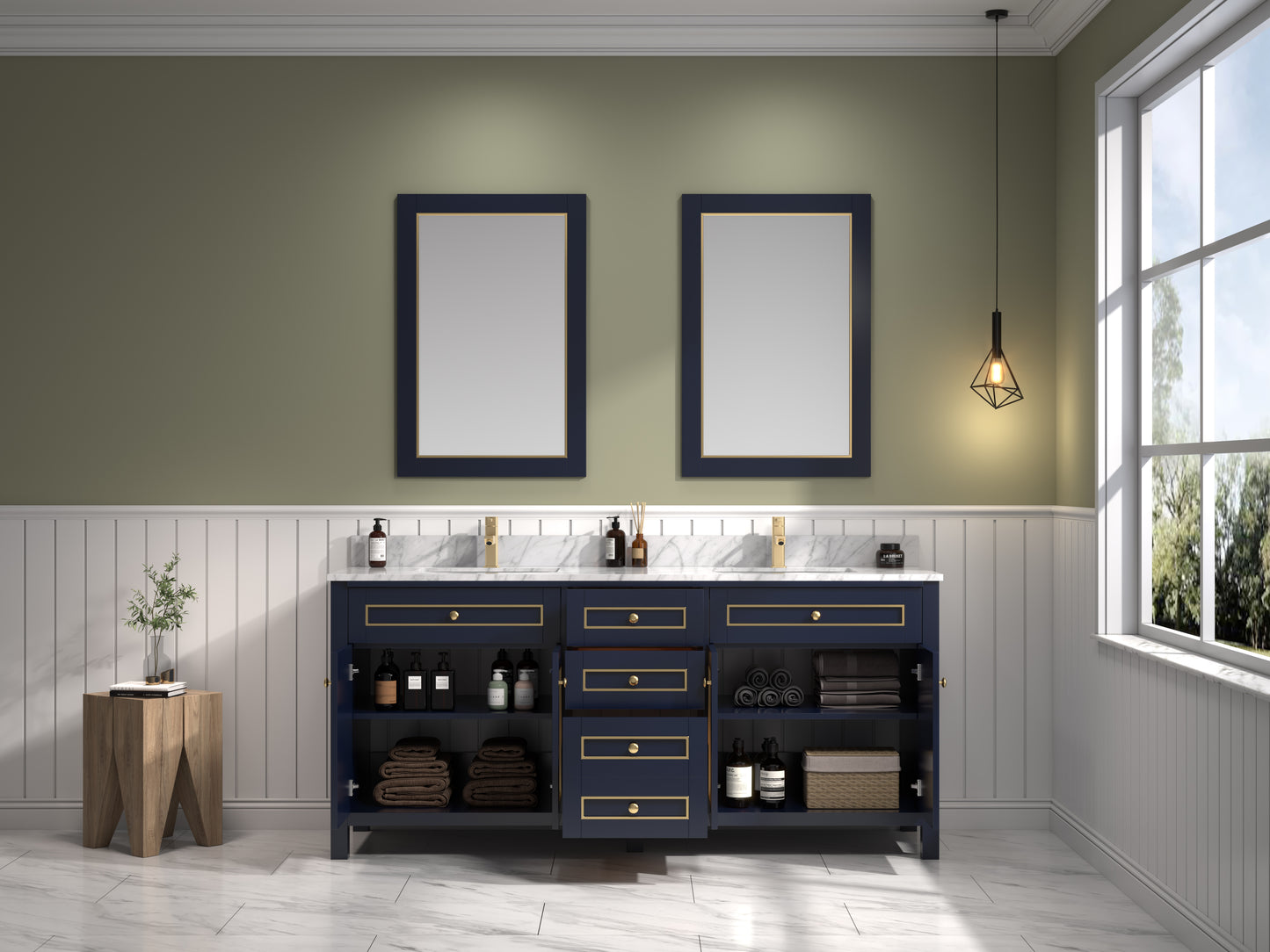 LEGION FURNITURE 72" BLUE FINISH SINK VANITY CABINET WITH CARRARA WHITE TOP