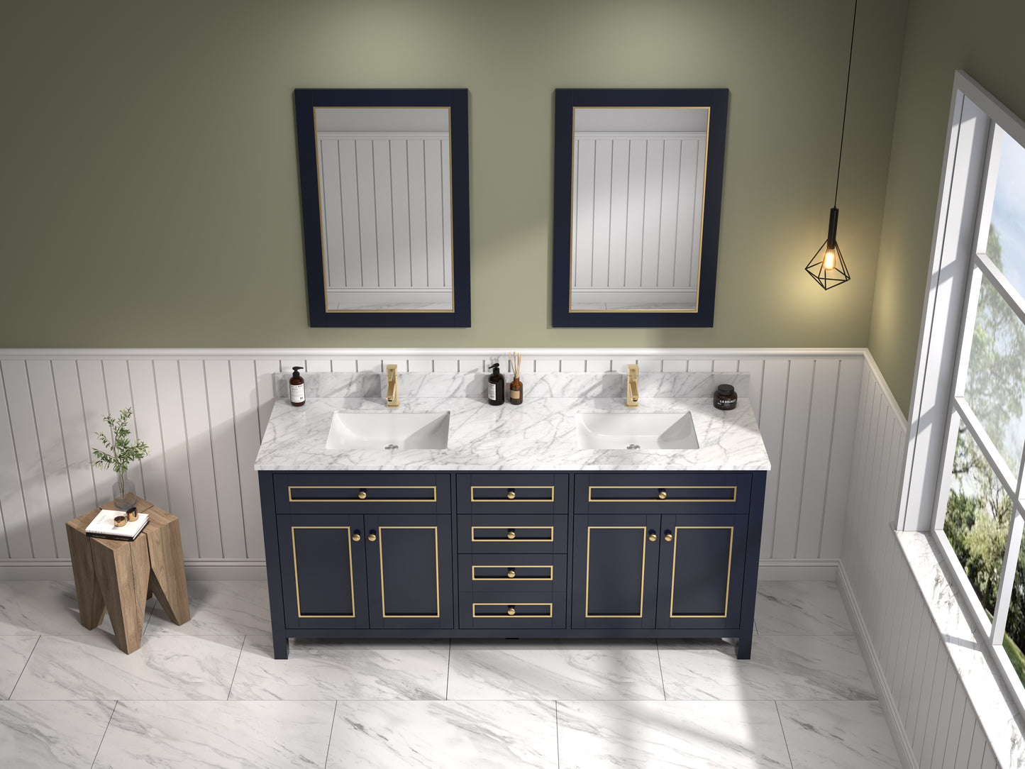 LEGION FURNITURE 72" BLUE FINISH SINK VANITY CABINET WITH CARRARA WHITE TOP