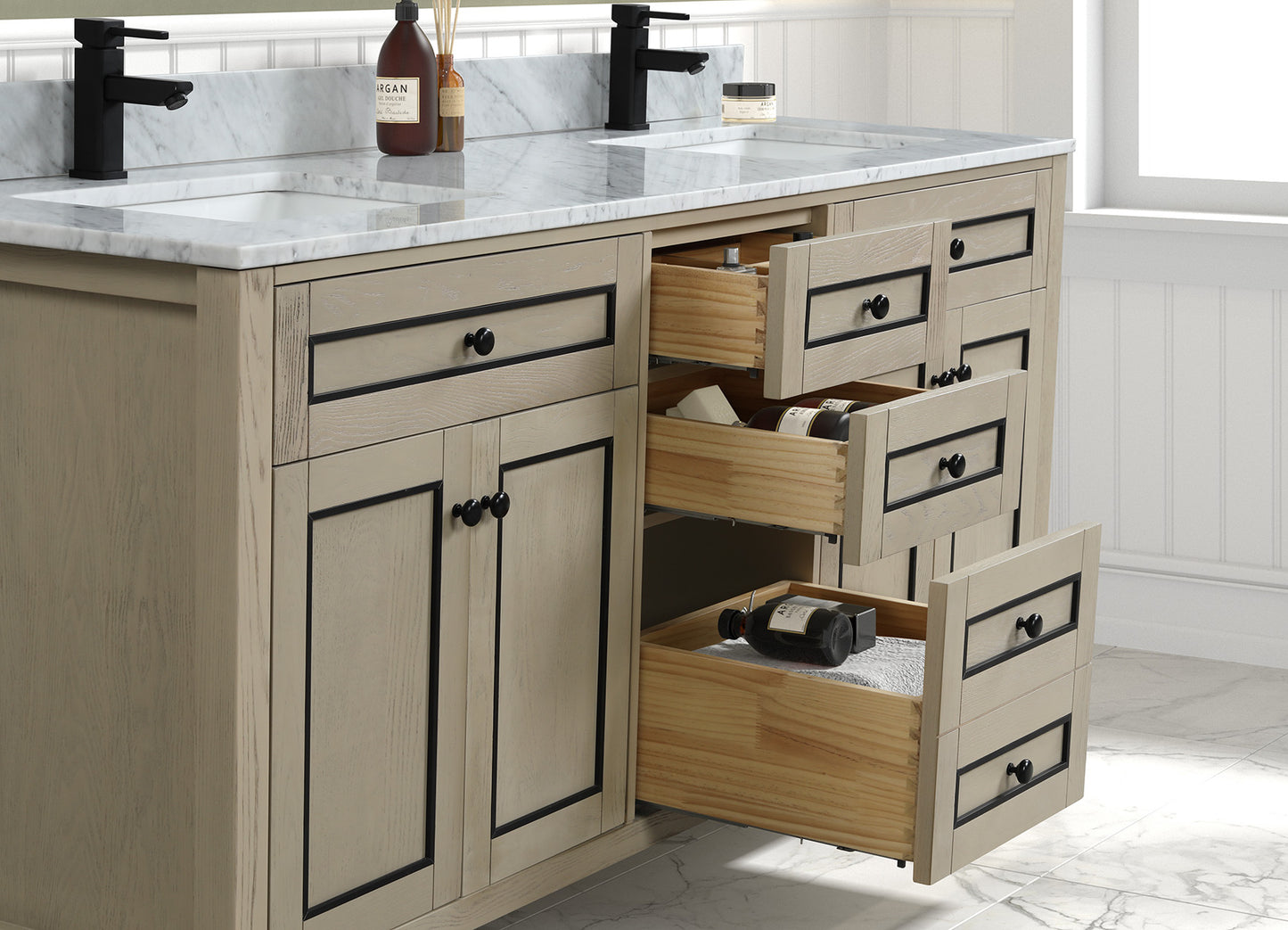 LEGION FURNITURE 72" LIGHT OAK FINISH SINK VANITY CABINET WITH CARRARA WHITE TOP