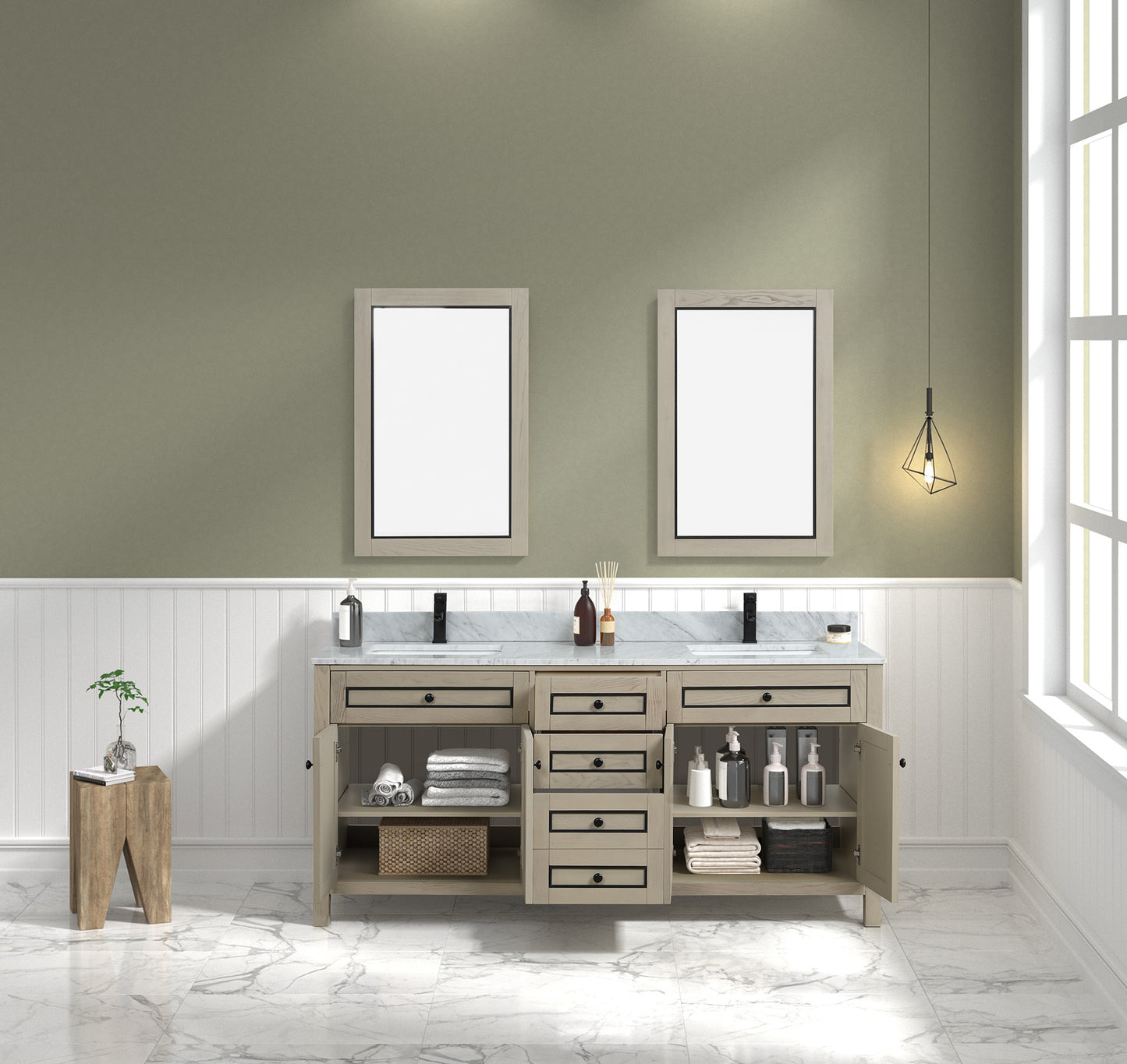 LEGION FURNITURE 72" LIGHT OAK FINISH SINK VANITY CABINET WITH CARRARA WHITE TOP